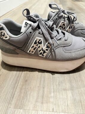 New Balance 574 Gray Platform Sneakers with Leopard Accent